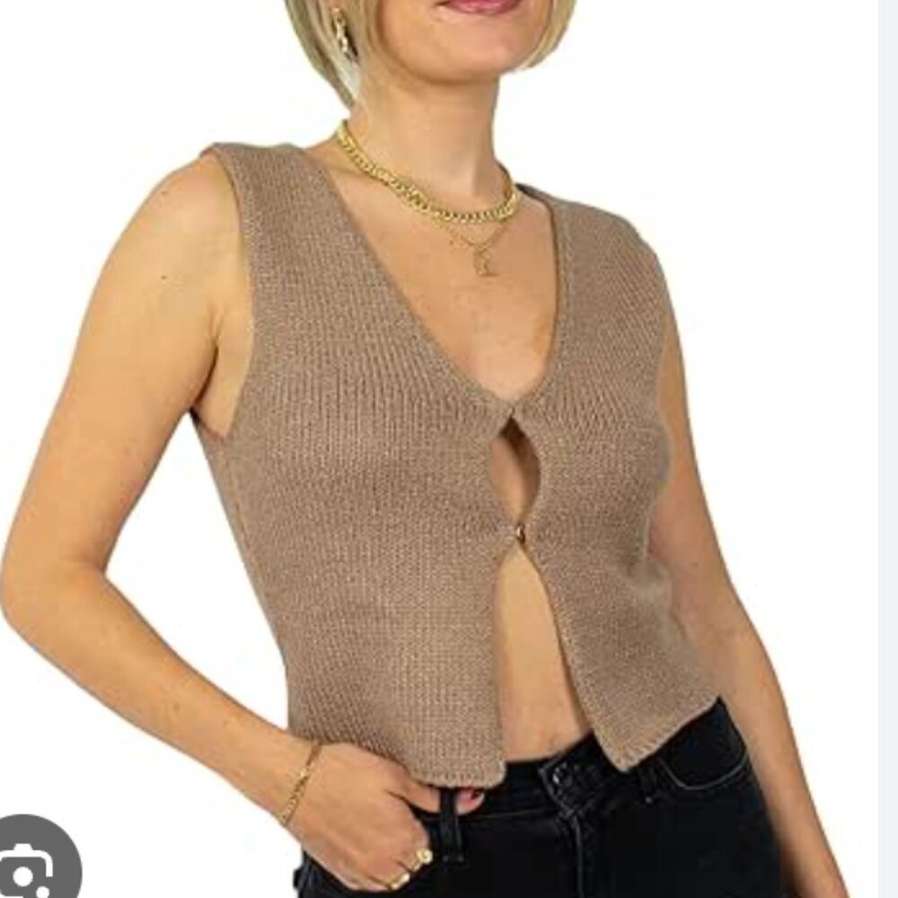 Et Clet Boutique Open Front Clasp Thick Knit Sleeveless Sweater Tank Top Taupe S